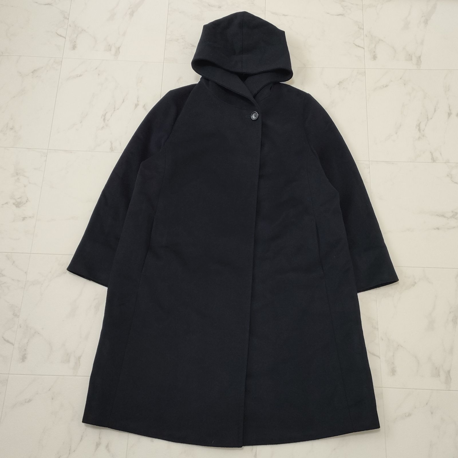 23区 ウールアンゴラビーバーフーデットコート 大きいサイズ44 2XL アンゴラ混 ダークネイビー