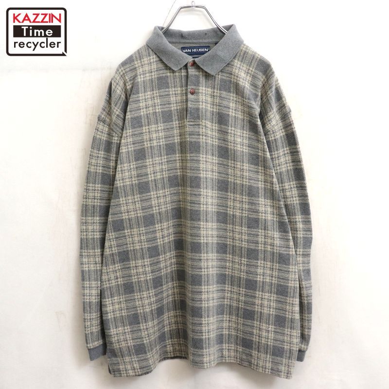 00s VANHEUSEN チェック柄 長袖ポロシャツ メンズ 表記Lサイズ VAN 