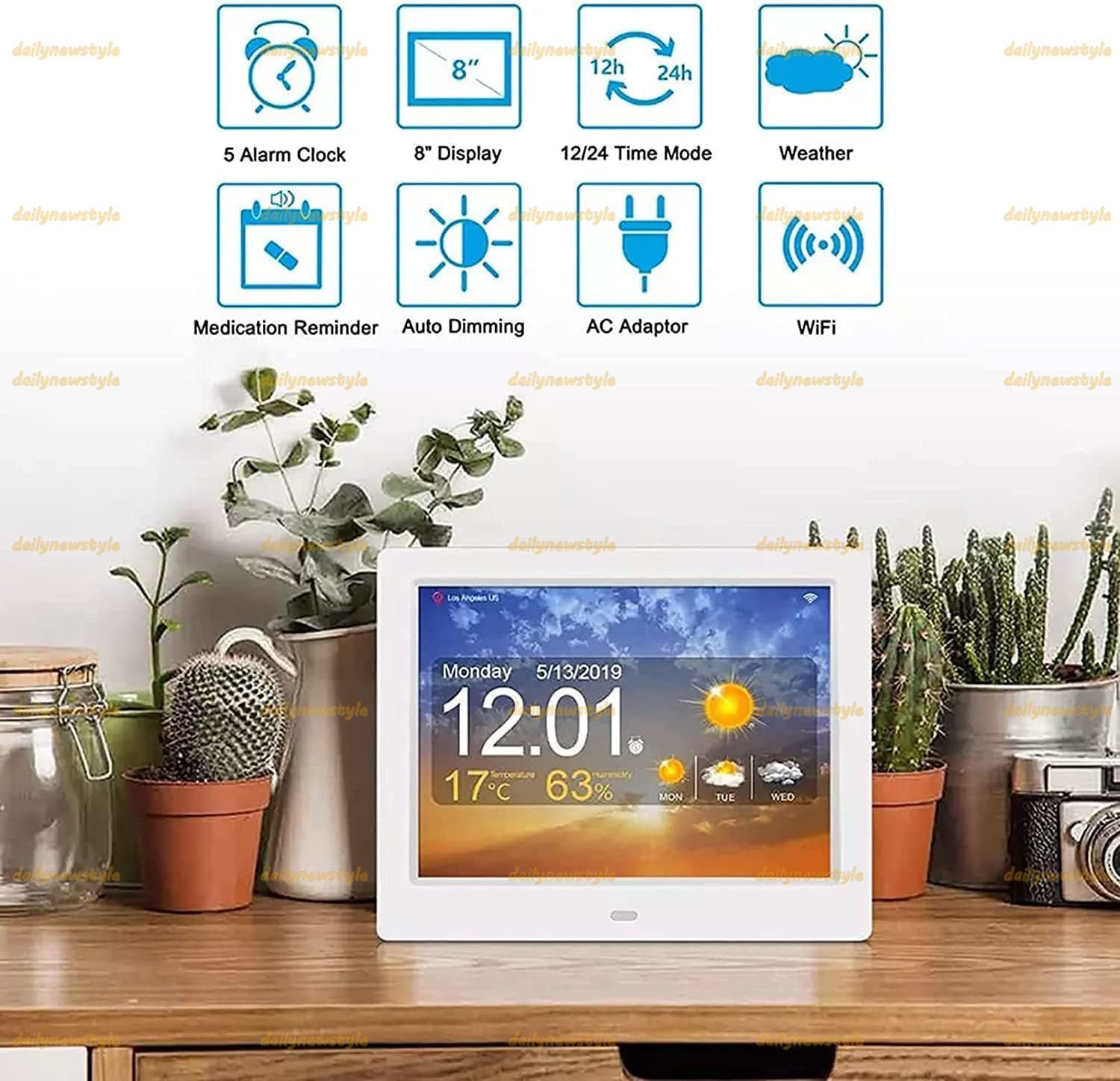 人気推薦◆ワイヤレス気象ステーション 屋内屋外温度計湿度計 カラーLCDディスプレイデジタル温度湿度モニター センサー付き気圧計 5つの目覚まし時計 9つの天気予報表示モード 8インチ