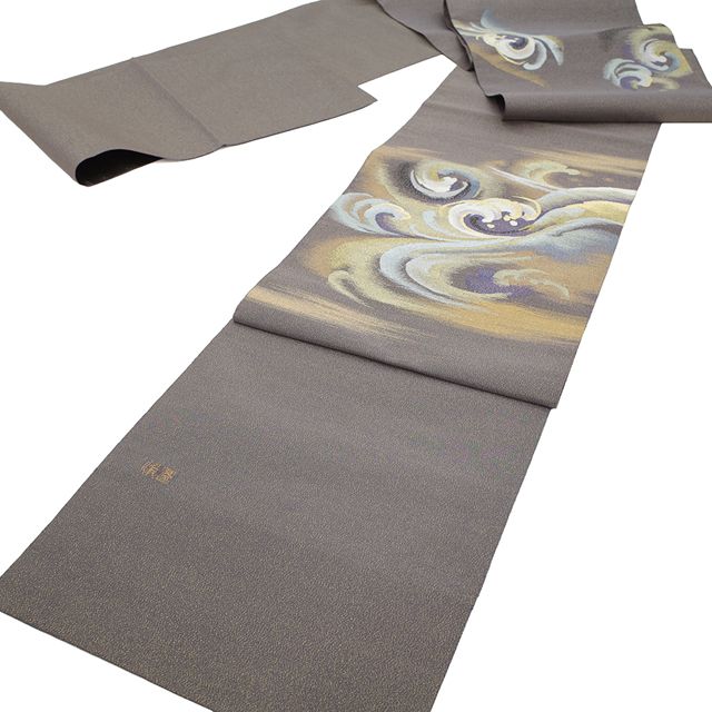 新古品 袋帯 正絹 ♥ 綴れ織 綴れ 金通し 金銀糸 紫鼠色地 金銀糸 波 落款あり やまと 扱い 上 フォーマル 春 秋 冬 仕立て上がり みやがわ sb54711