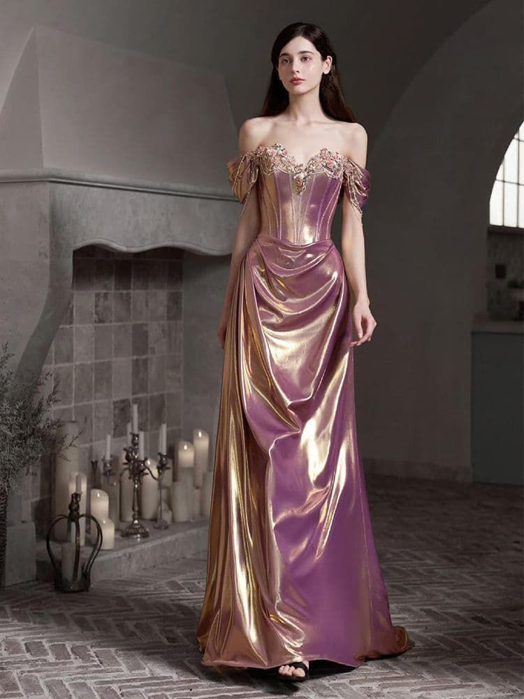 ️幻想的な光沢グラデーションが映えるオフショルダーロングドレス パーティー
