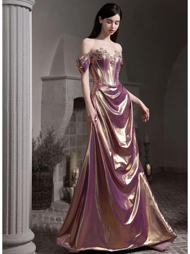 ️幻想的な光沢グラデーションが映えるオフショルダーロングドレス パーティー