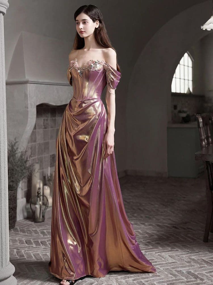 ️幻想的な光沢グラデーションが映えるオフショルダーロングドレス パーティー