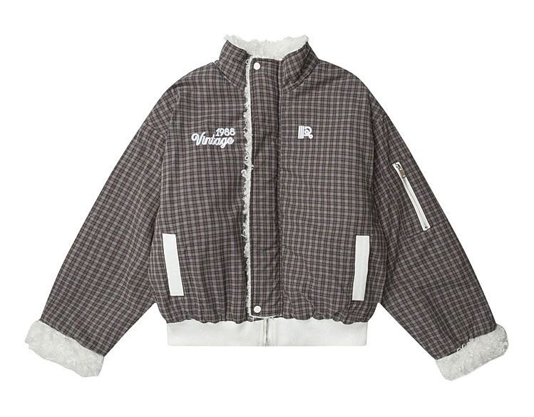 h アメリカンハイストリート風 リバーシブル 中綿ジャケット 男女兼用 厚手 冬用 羊羔風ボア × チェック柄
