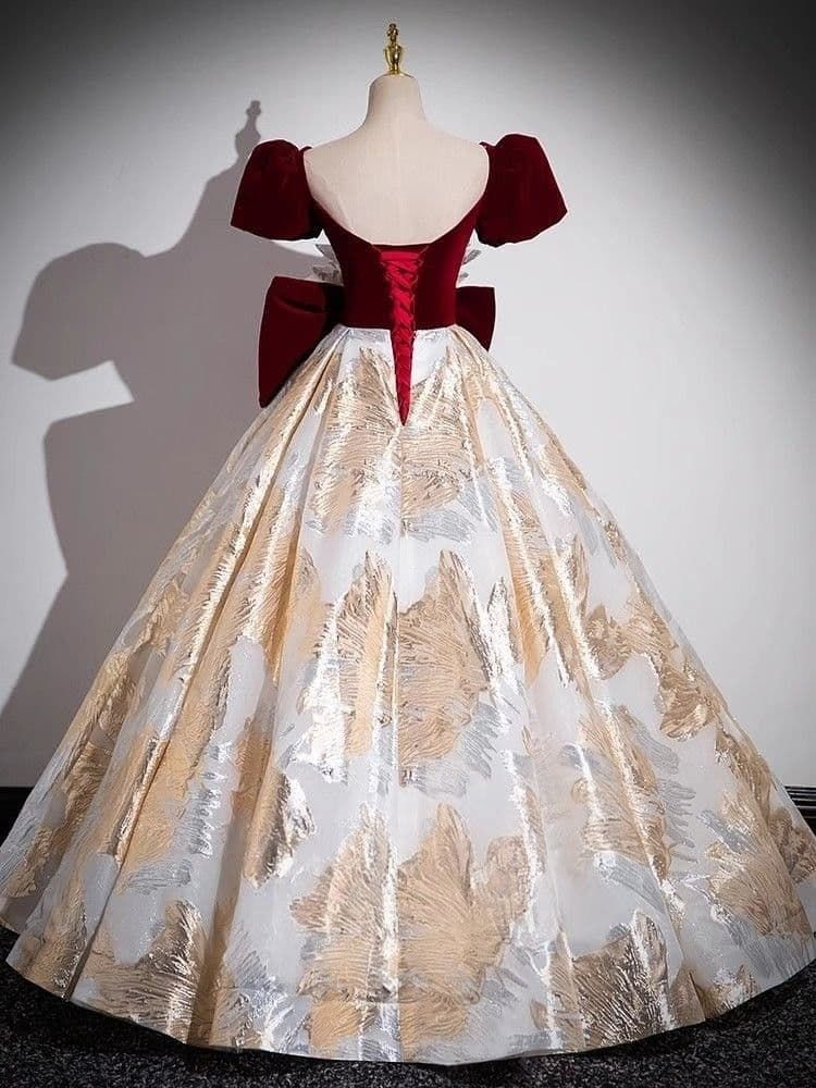  ️深紅のリボンと花飾りが豪華に映えるゴールドプリンセスドレス 大きいサイズ パーティードレス ドレス ブライダル