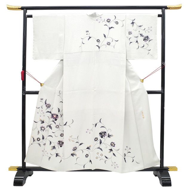 新古品 訪問着 着物 ♥ フォーマル 正絹 袷 帝王紫 刺繍 金彩加工 白グレー 花唐草 地紋 七宝 エレガント 美しいデザイン さが美扱い 春 秋 冬 上 着物 仕立て上がり 身丈158 裄丈63 Mサイズ みやがわ sb16574