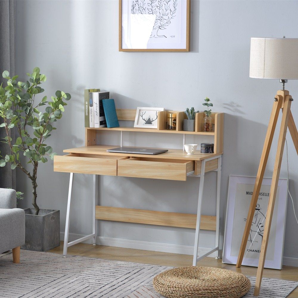 10%割 ナチュラル パソコンデスク 引き出し付き 収納台 ミシン台 学習机 勉強机