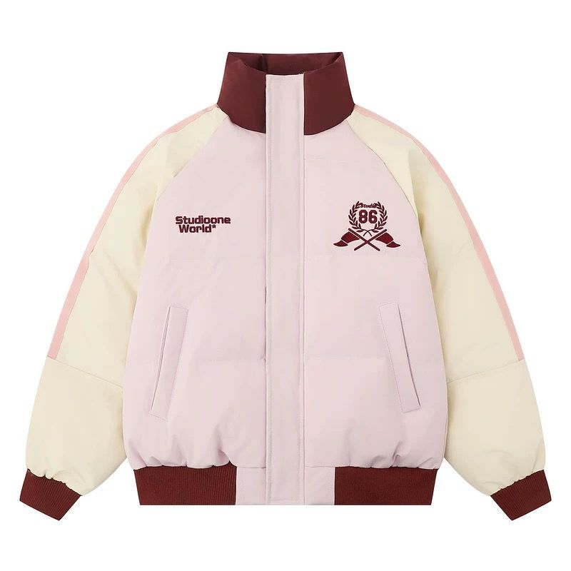 ♥h アメリカンハイストリート風 ヴィンテージ配色 スポーツテイスト中綿ジャケット 男女兼用 | 厚手 冬用 立ち襟ロゴプリント