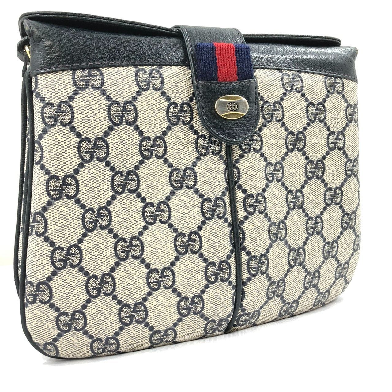 !! ‼ GUCCI グッチ グッチ ショルダーバッグ 斜め掛け コーティングキャンバス カーキベージュ ネイビー ゴールド金具 10 02 037 レディース