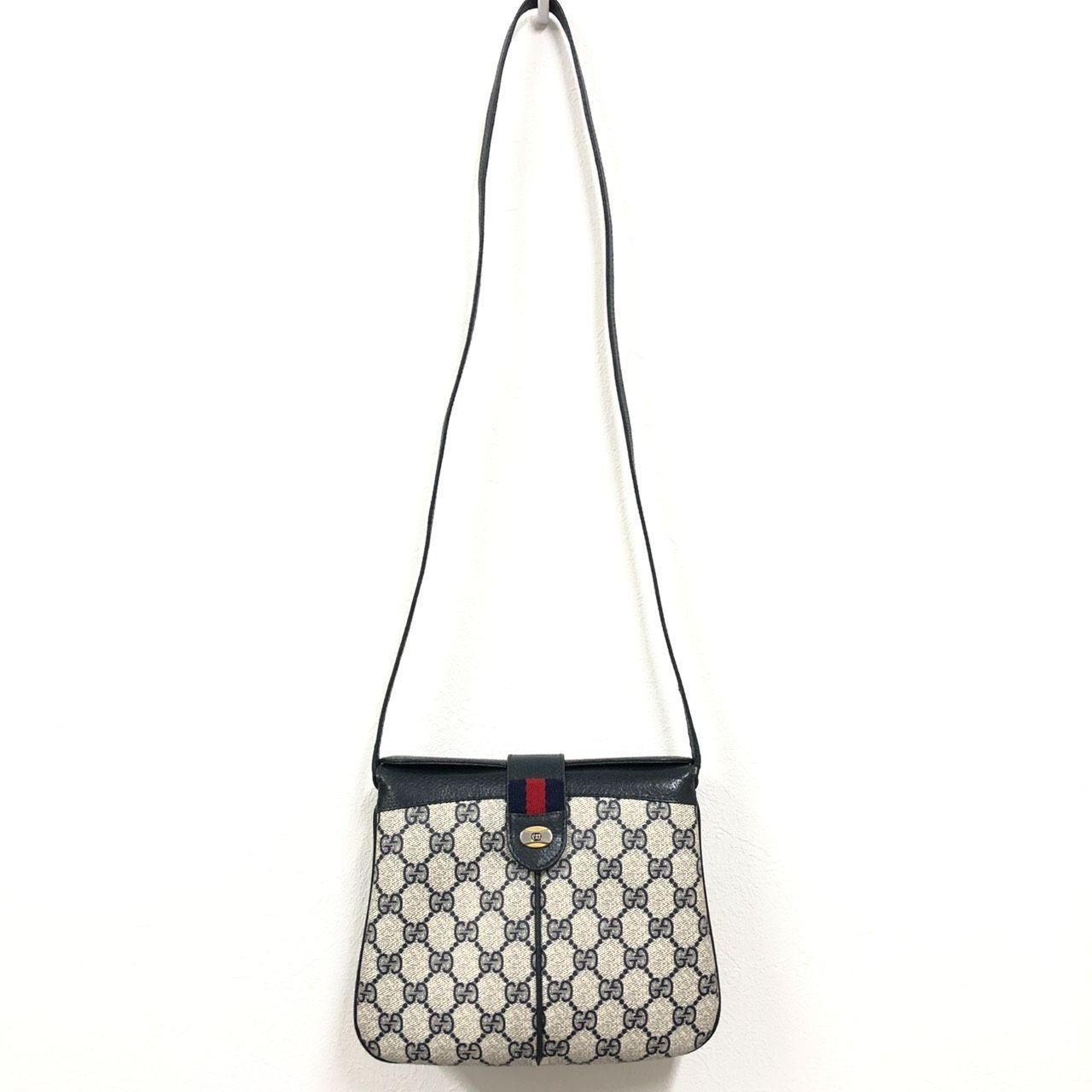 !! ‼ GUCCI グッチ グッチ ショルダーバッグ 斜め掛け コーティングキャンバス カーキベージュ ネイビー ゴールド金具 10 02 037 レディース