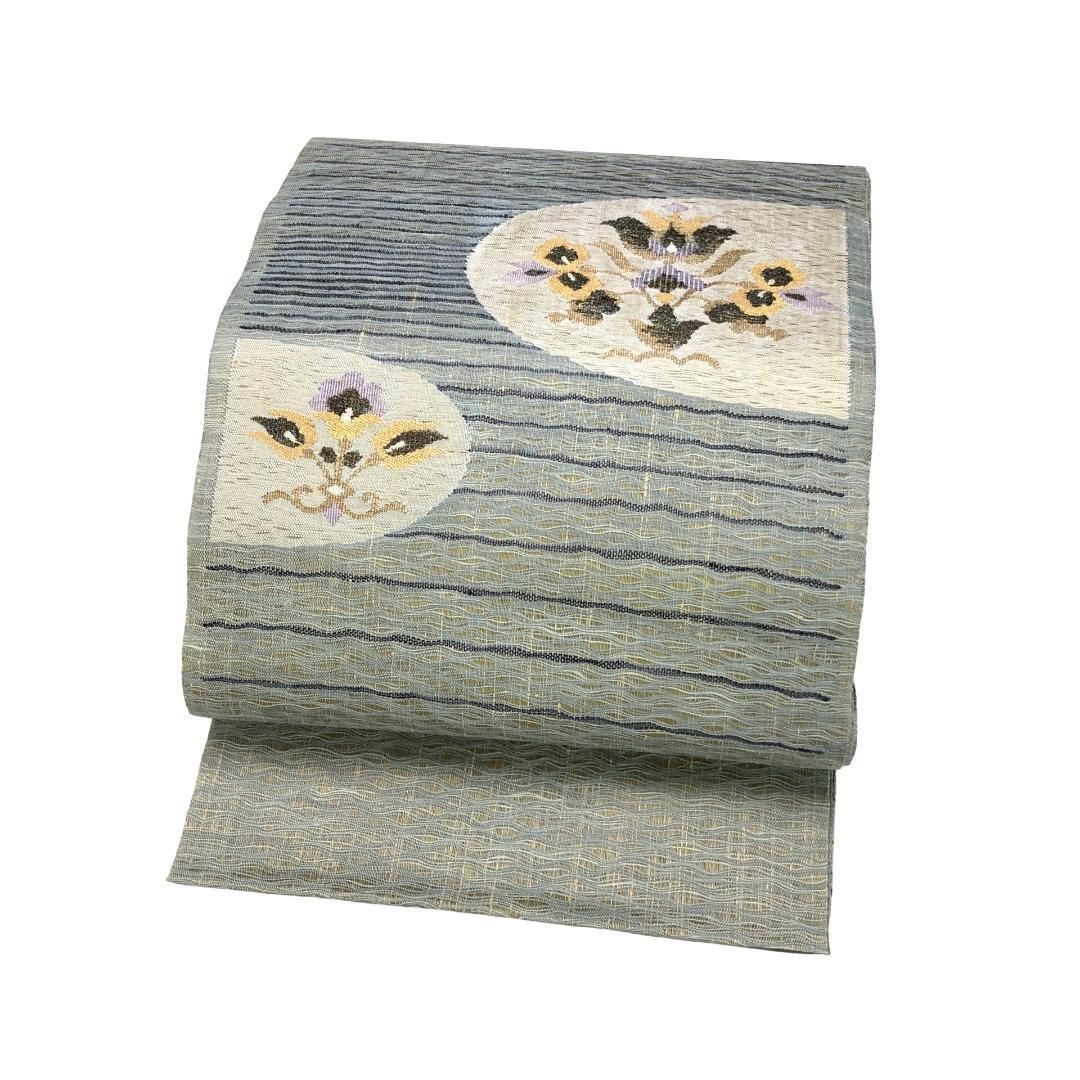 袋帯 すくい織 横縞に花柄模様 金糸 鯖青磁色 O-5692