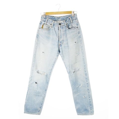 アルマーニ ジーンズ ARMANI JEANS デニムパンツ ジーンズ テーパード ボタンフライ ロゴ クラッシュ加工 青 ブルー |CK9 GY11