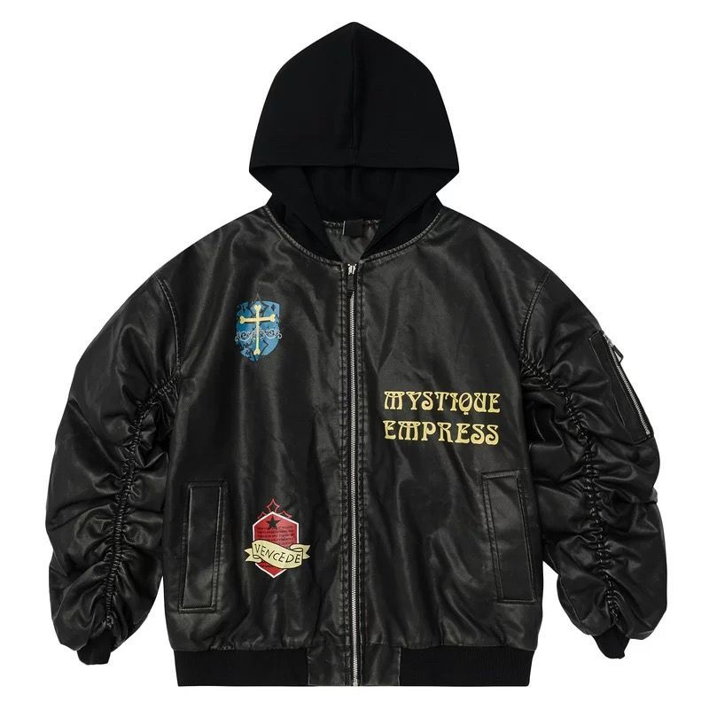 ♥ h アメリカンストリート風 ヴィンテージロゴプリント フェイクレザー 中綿ジャケット 男女兼用 | 冬用 | 厚手 | フード付き