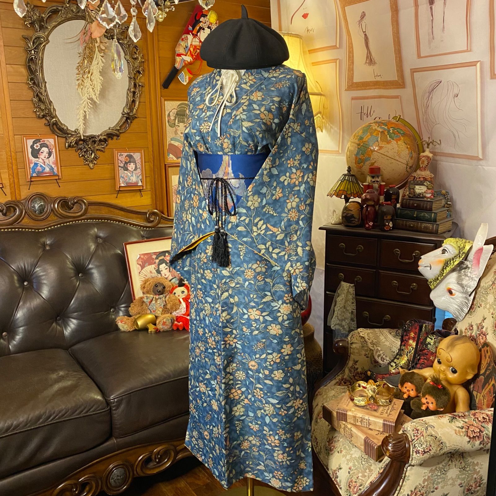  着物 リメイク ロングワンピース ドレス 洗える 化繊 名古屋帯サッシュベルト 和洋折衷 レトロ 古着 ハンドメイド 染め重ねた時を纏う 花々 KW 1143 ワンピース チュニック ファッション