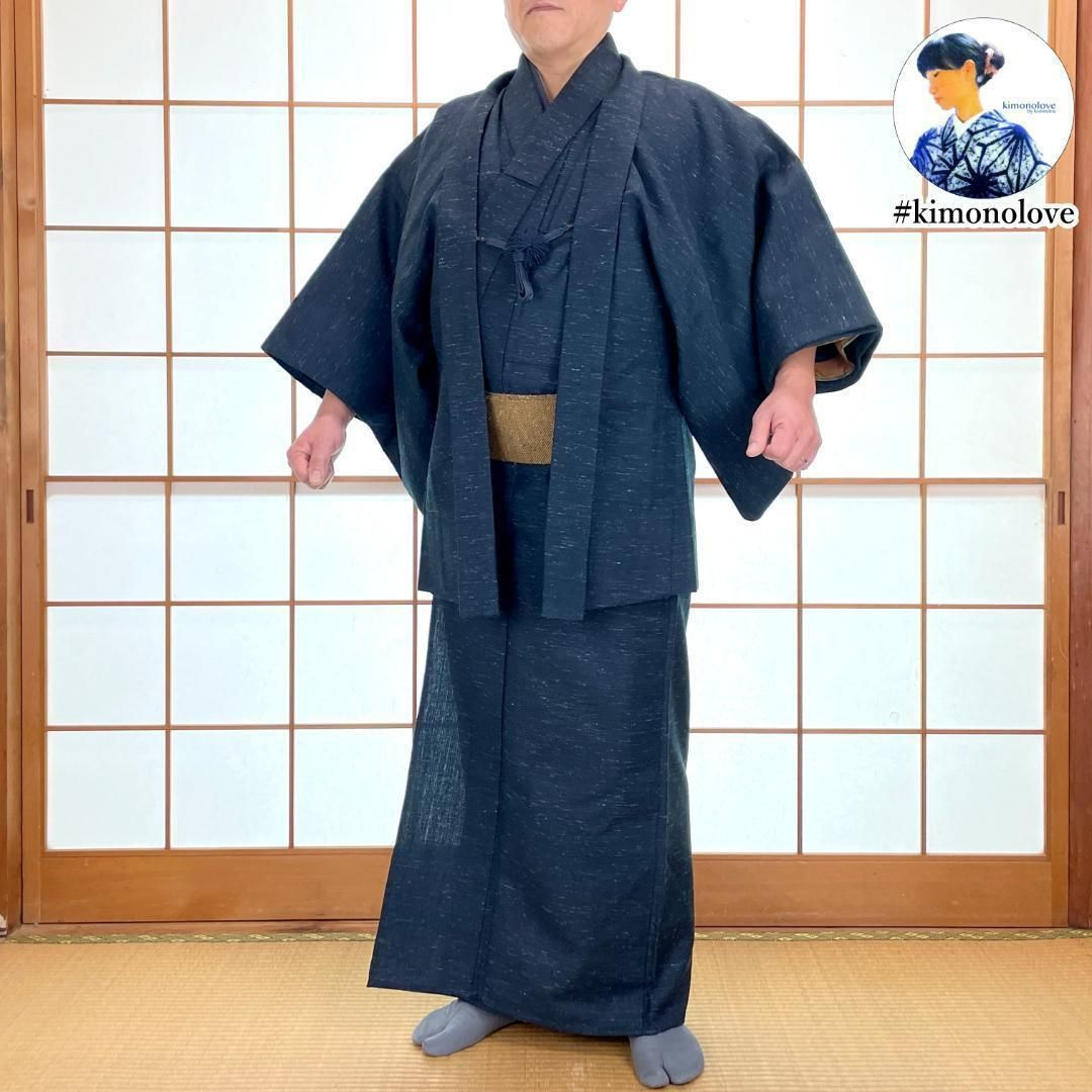 メンズウール着物 羽織 羽織紐 半襦袢 4点セット 単衣 ウール混 濃紺 身長177cm前後 男着物 kimonolove リユース品 オゾン消臭サービス A-1526