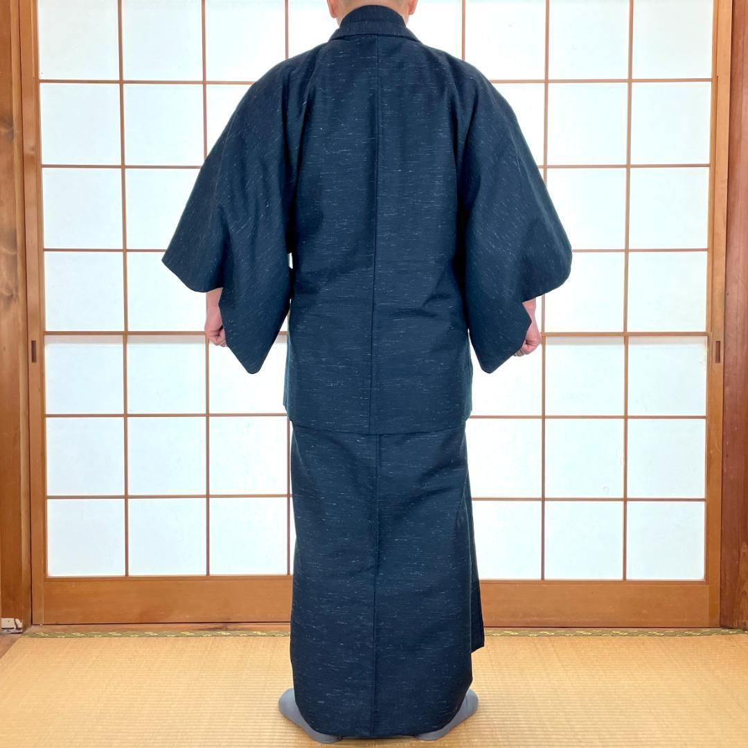  メンズウール着物 羽織 羽織紐 半襦袢 4点セット 単衣 ウール混 濃紺 身長177 cm前後 男着物 kimonolove リユース品 オゾン消臭サービス A 1526 着物セット 着物 浴衣