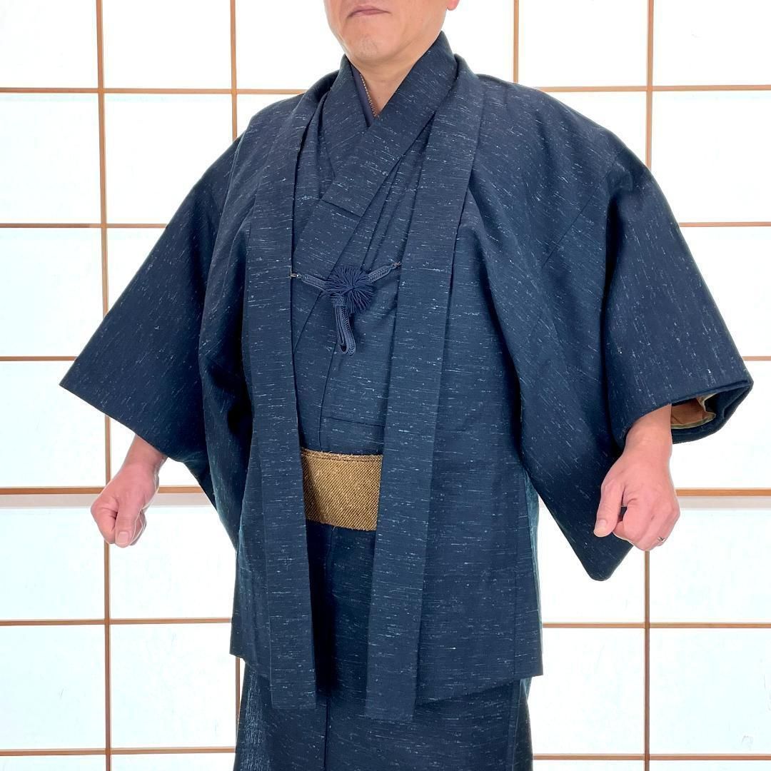 メンズウール着物 羽織 羽織紐 半襦袢 4点セット 単衣 ウール混 濃紺 身長177 cm前後 男着物 kimonolove リユース品 オゾン消臭サービス A 1526