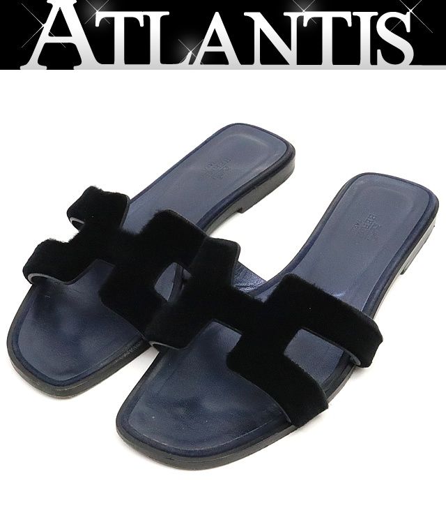 広尾店 エルメス HERMES オラン サンダル レディース ベロア×レザー ネイビー size 38 約24.5cm 17573