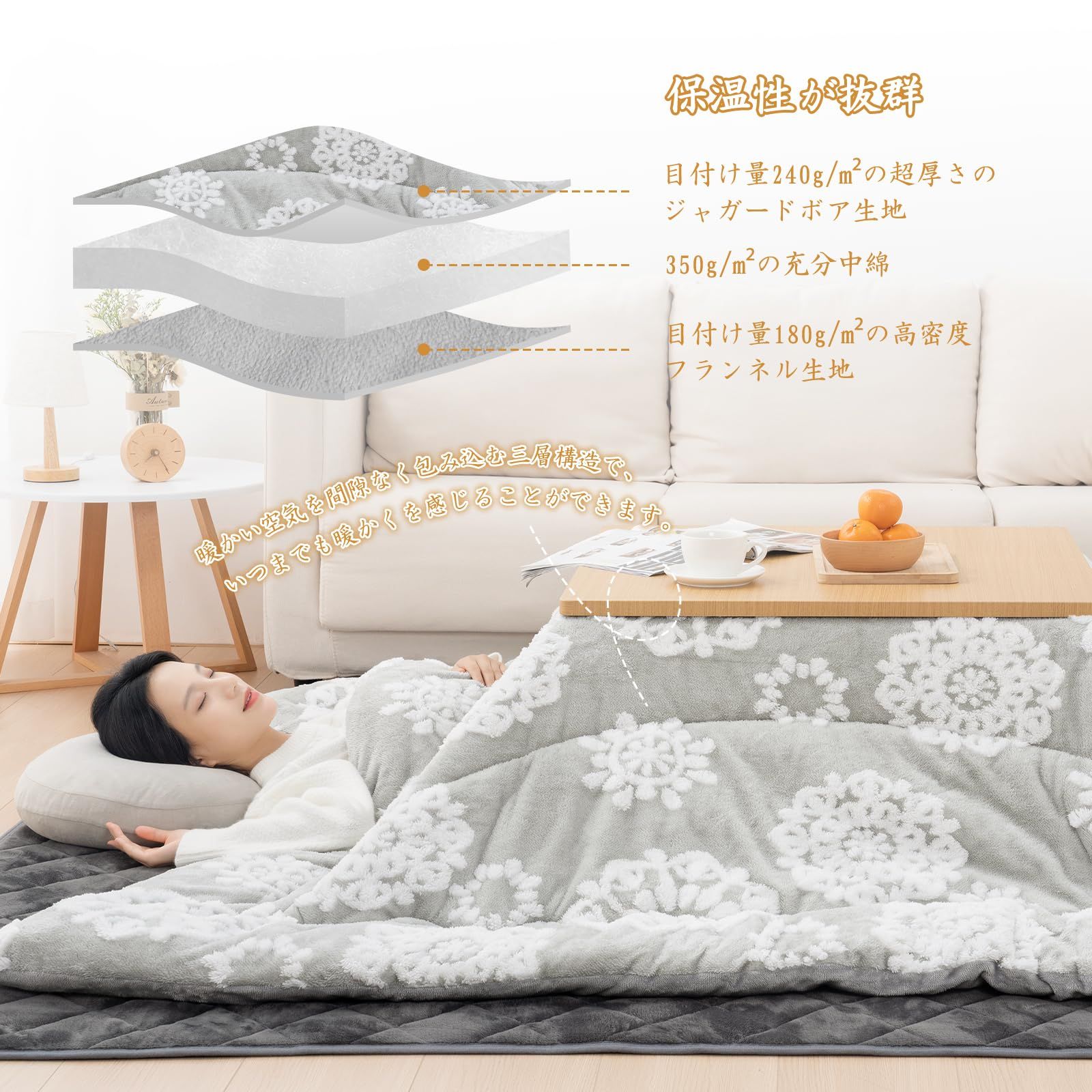 数量 単品 205x245cm こたつふとん こたつ用布団 あったか こたつ掛け布団 大判 厚手 ジャガードボア フランネル リバーシブル 長方形 両面使える 適応こたつ台 80～90×120cm ふわふわ こたつ布団 ぽかぽか ぬくぬく 冬用 洗える