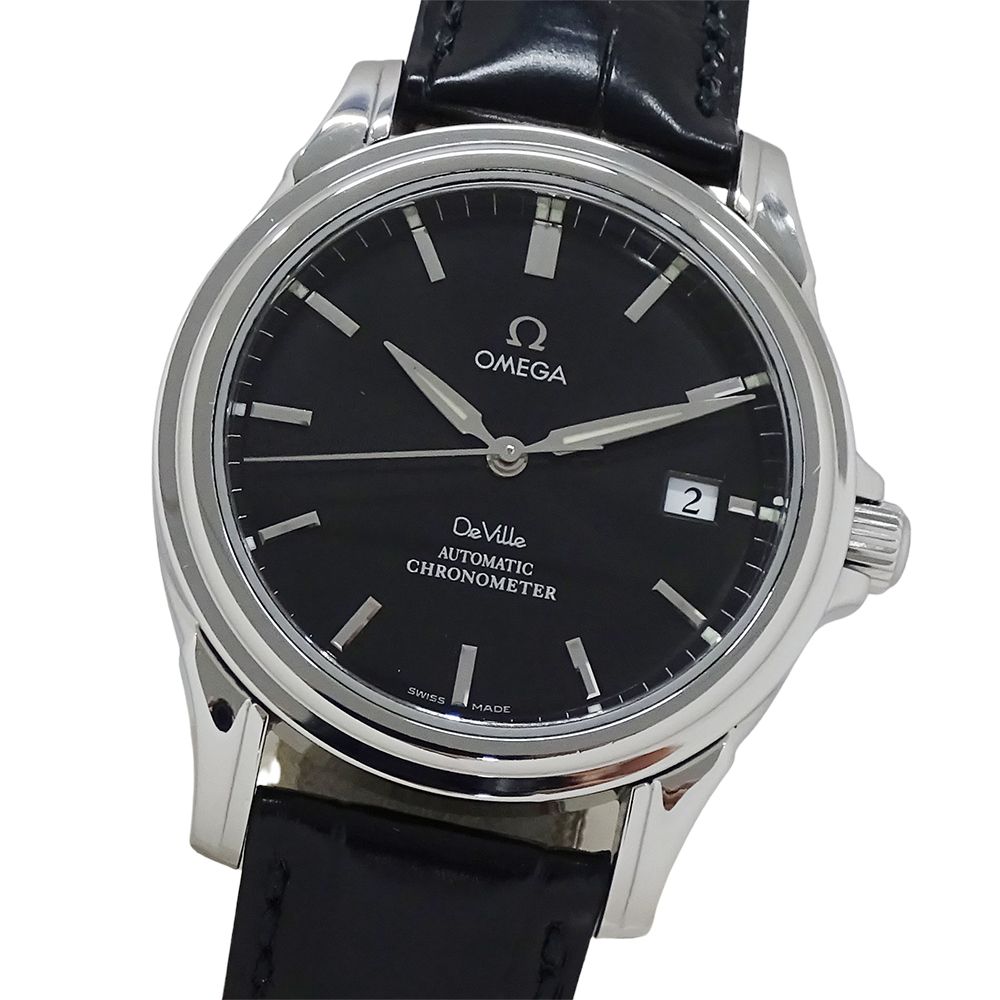 オメガ OMEGA デビル 4831.50.31 時計 メンズ ブランド コーアクシャル クロノメーター デイト 自動巻き AT ステンレス SS レザー シルバー ブラック 磨き済み