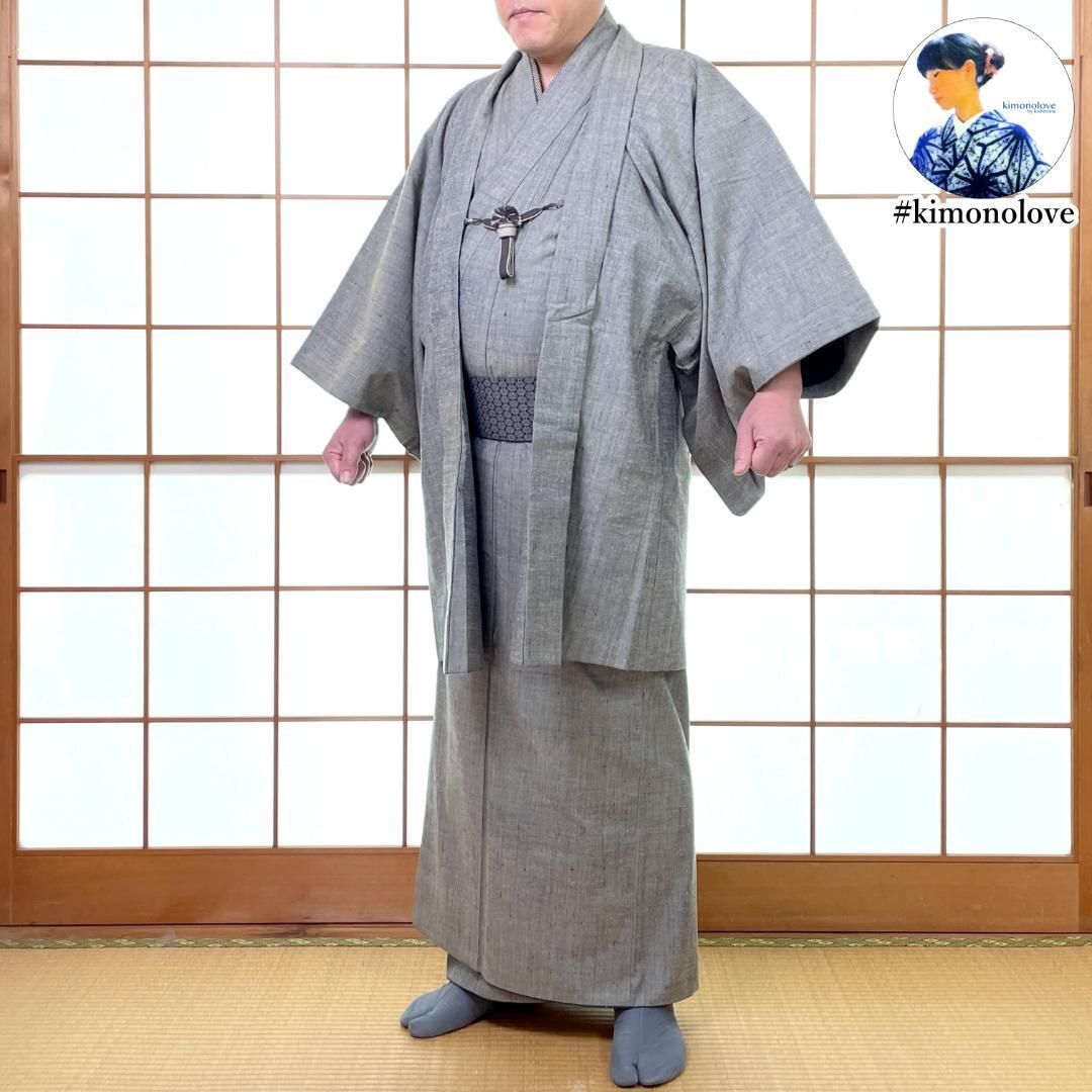 メンズ紬着物 羽織 羽織紐 3点セット 真綿紬 袷 正絹 グレージュ 長172cm前後 男着物 kimonolove リユース品 オゾン消臭サービス A-2097