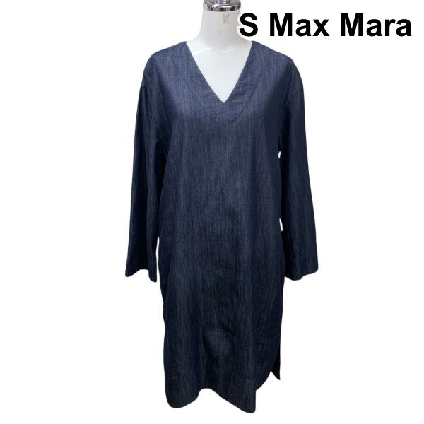 エスマックスマーラ S Max Mara ワンピース 長袖 Vネック ダンガリー 綿 40 L 11号 レディース H5Y018