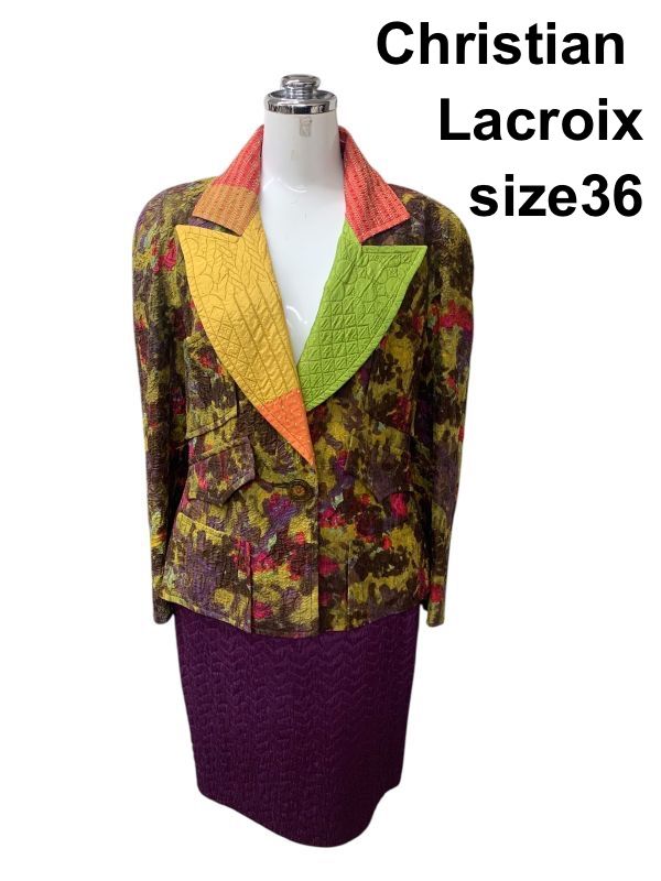 クリスチャンラクロワ Lacroix スーツ セットアップ 長袖 ラグラン タイトスカート マルチ シルク 36 S 7号 レディース H5Y020