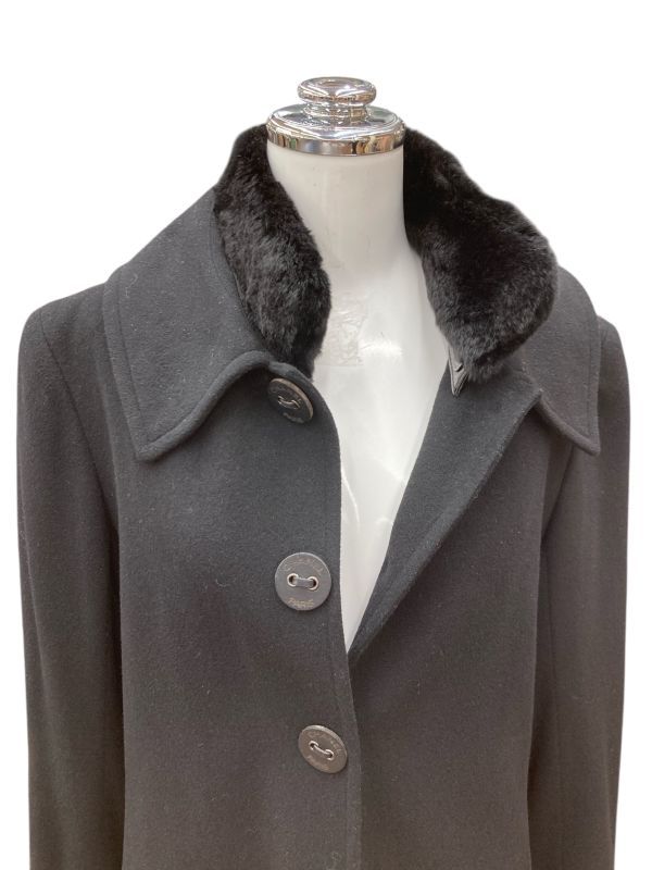 ● シャネル CHANEL ロングコート ステンカラー 長袖 黒 カシミア100％ 裏地シルク ラビットファー 36 S 7号 レディース T5Y007