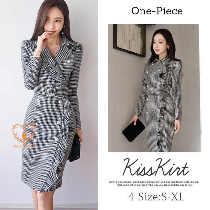 ワンピース レディース きれいめ フォーマル 結婚式 ドレス スーツ タイトワンピ 千鳥格 長袖 キャバ フォーマル 通勤 OL 30代 40代 着痩せ