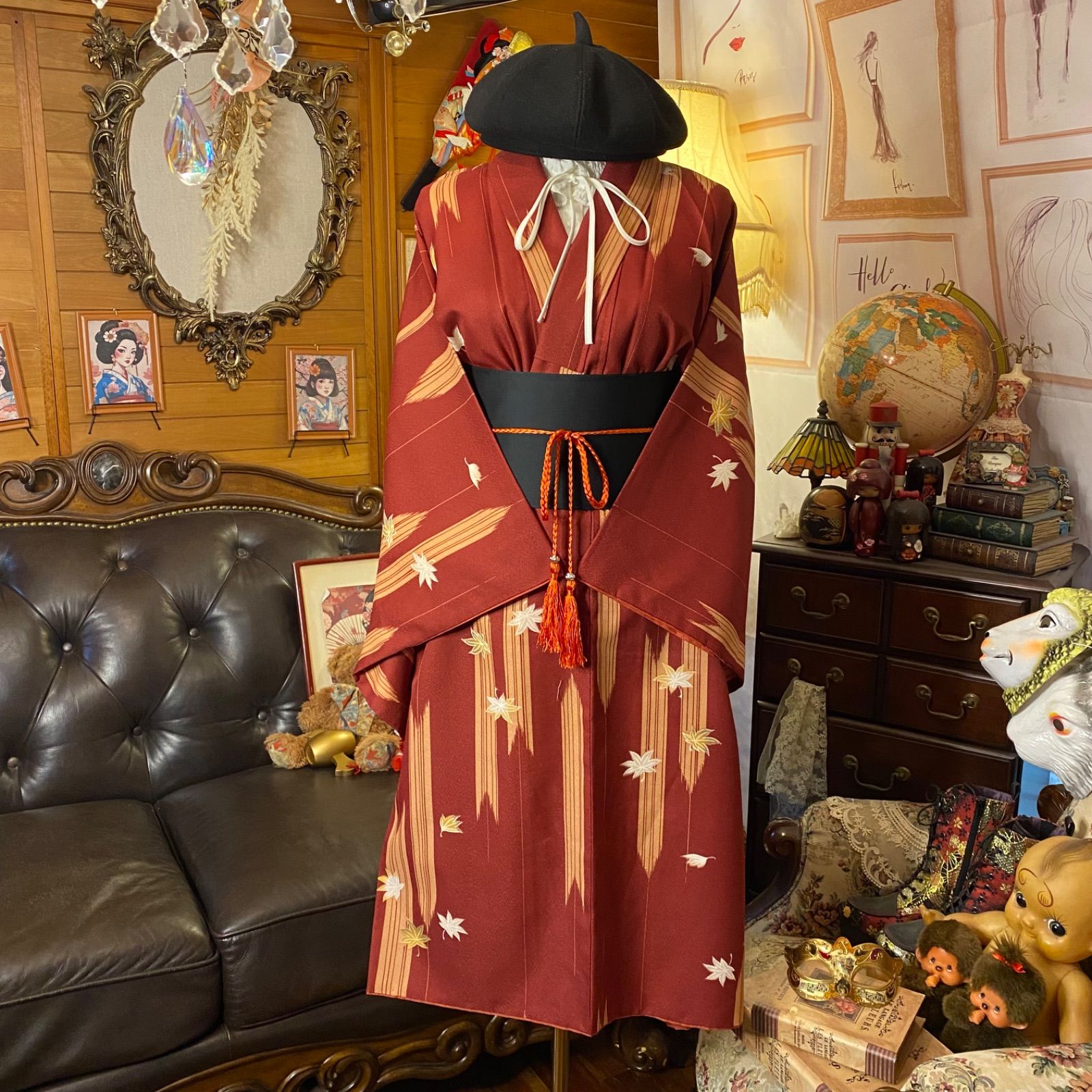 着物 リメイク ロングワンピース ドレス 洗える 化繊 帯サッシュベルト 和洋折衷 レトロ 古着 ハンドメイド 秋風にゆれる紅の調べ 楓模様 KW-1146