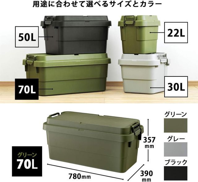 リス RISU 収納ボックス トランクカーゴ 70L グリーン 日本製 TC-70S 2個セット コンテナ ボックス スタッキング 屋外収納 キャンプ 防水 GHON109