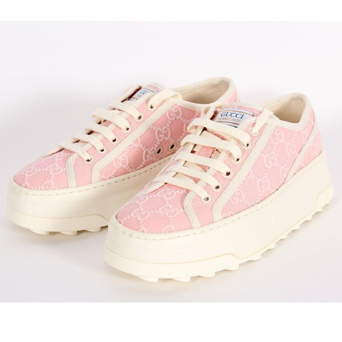 GUCCI グッチ テニス 1977 トレーナー スニーカー 782737 FAC 9 X 5949 36 ピンク＆ホワイト GG キャンバス レースアップ シューズ 靴 レディース ユニセックス