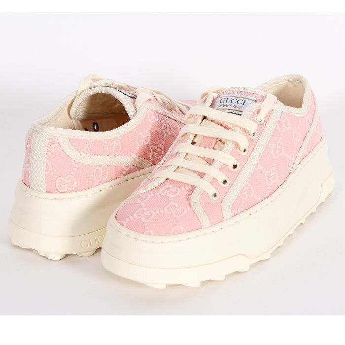 GUCCI グッチ テニス 1977 トレーナー スニーカー 782737 FAC 9 X 5949 36. ピンク＆ホワイト GG キャンバス レースアップ シューズ 靴 レディース ユニセックス