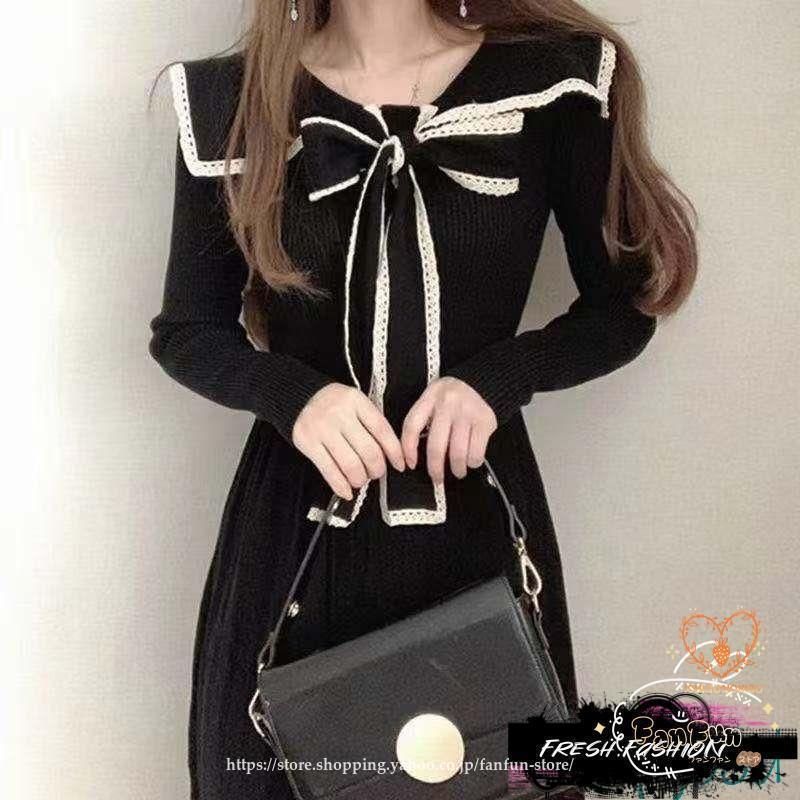 ワンピース ニット 秋服 冬 春 ロング丈 セーター レディース 長袖 カジュアル 可愛い Aライン キレイめ プリーツ 蝶結び ハイウエスト お