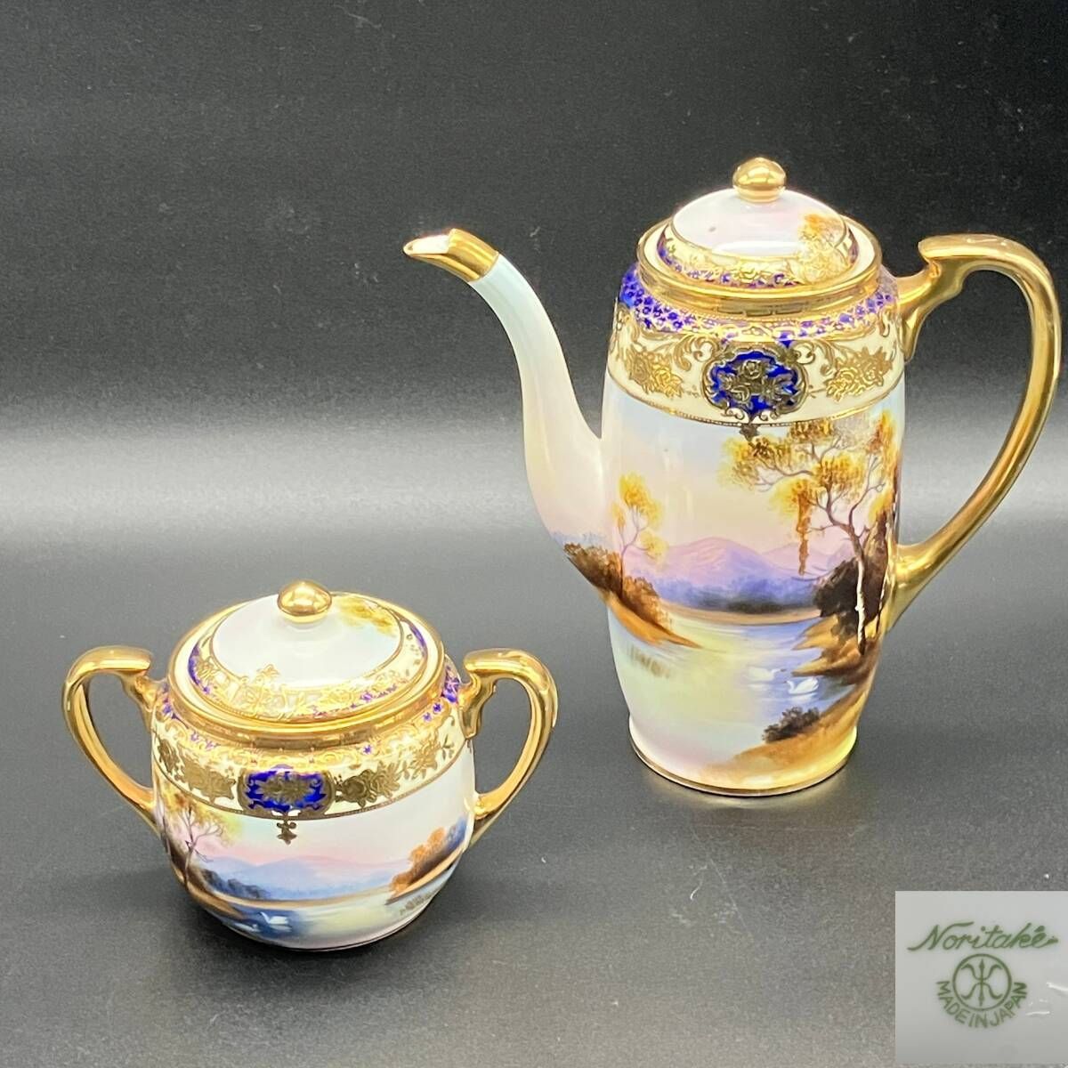 オールドノリタケ 大正昭和初期 ティーポット シュガーポット セット 金盛上げ コバルト飾り 湖畔白鳥風景 英国輸出向け アンティーク POP_25D