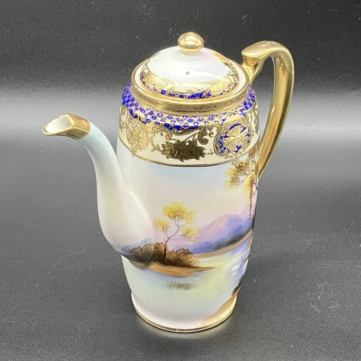 オールドノリタケ 大正昭和初期 ティーポット シュガーポット セット 金盛上げ コバルト飾り 湖畔白鳥風景 英国輸出向け アンティーク POP_25D