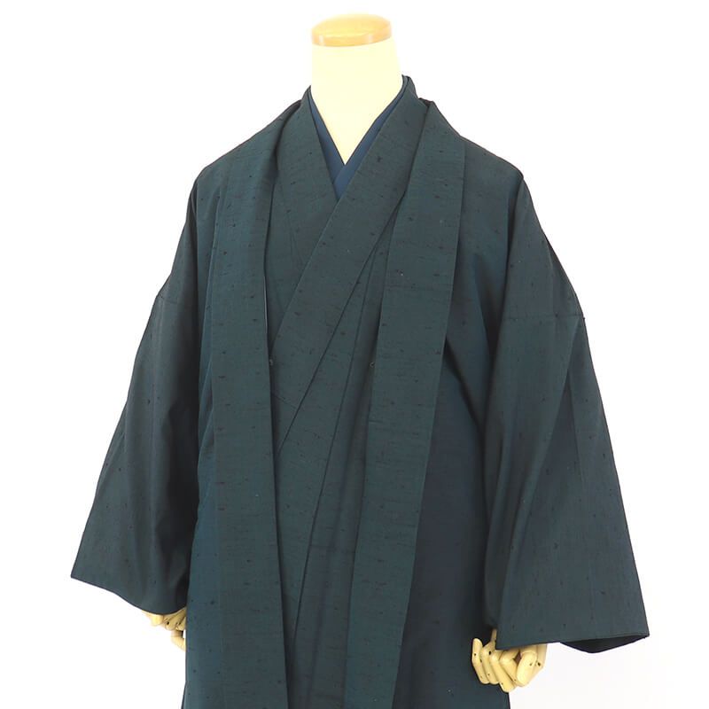男アンサンブル 紬 着物 羽織 2点セット 袷 メンズ正絹 深緑 無地 素朴 身丈145 cm 裄丈70 カジュアル 普段着 Lサイズ相当