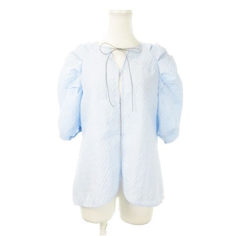 エリー ELLIE ジャガード2wayブラウス 五分袖 ギャザー 袖コン リボン F 水色 ブルー ES-23011 |AH12 GY30