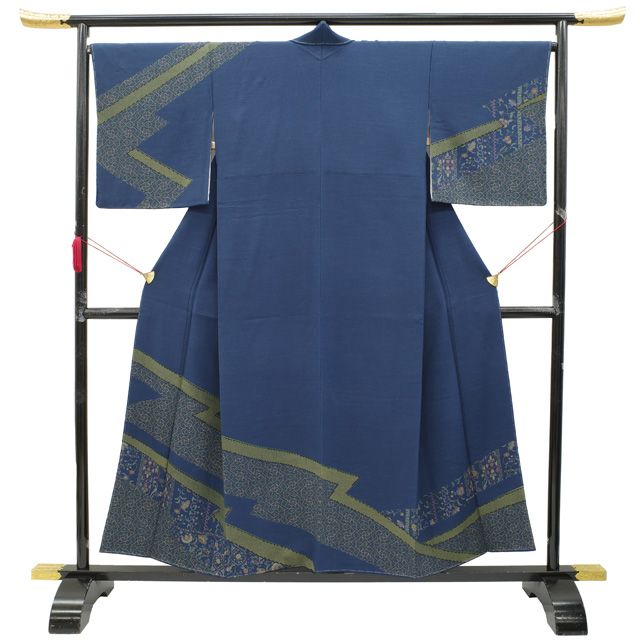 新古品 すごい値 訪問着 ♥ 袷 着物 正絹 作濃紺 花更紗 手染め 浜ちりめん 浜波上代 上質 カジュアル 仕立て上がり 身丈157 裄丈66 Mサイズ 春 秋 冬 撥水加工済 リサイクル すごいね みやがわ nek01536