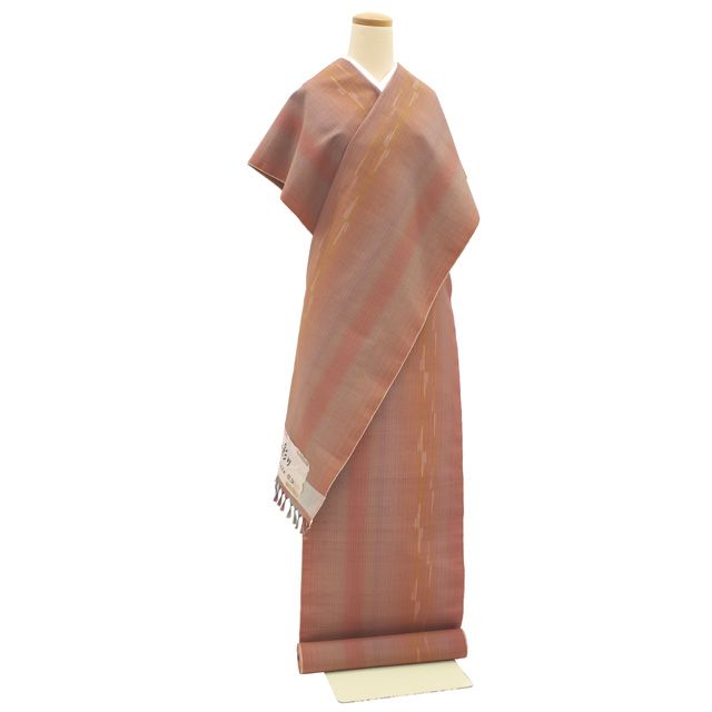 新古品 すごい値 長井紬 反物 着物 着尺 ♥ 正絹 淡赤茶 縞 絣 伝統工芸士 俊弘 斎藤織物 紬 まゆの彩り カジュアル 未仕立て 新古品 春 秋 冬 袷 単衣 リサイクル すごいね みやがわ nem00159