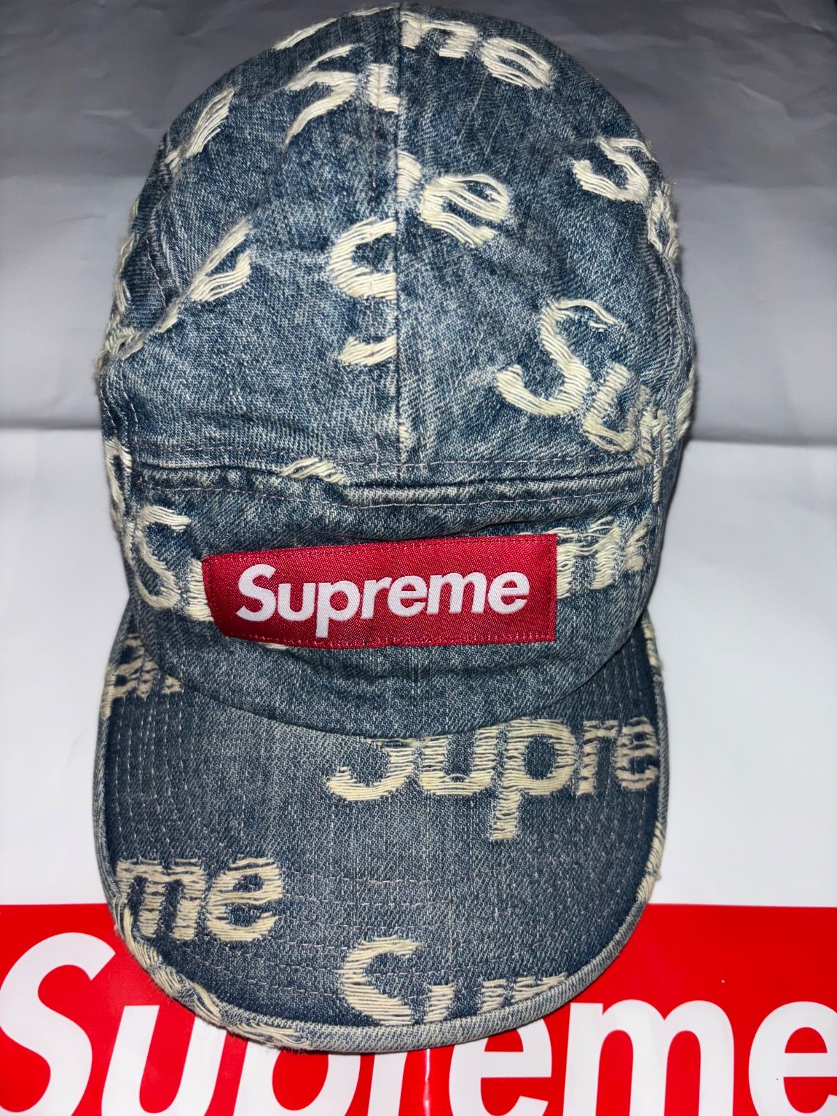 Supreme Frayed Logos Denim Camp Cap