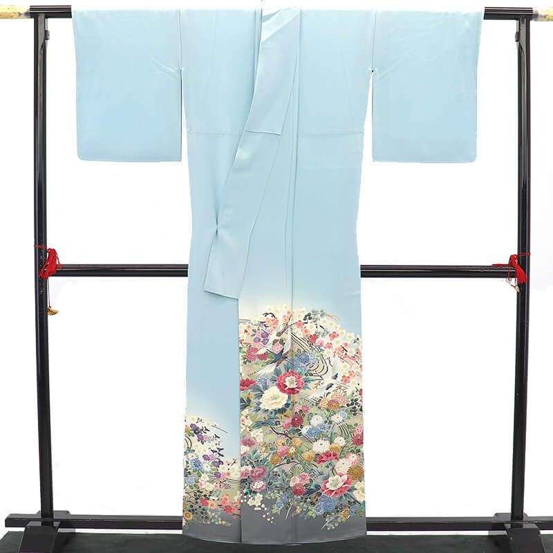 多崎元人 色留袖 加賀友禅 袷 レディース 正絹 水色 花 鶴 吉祥柄 一つ紋 下り藤 落款 身丈161.5cm 裄丈63.5cm 結婚式 式典 S~Mサイズ相当 小さいサイズ