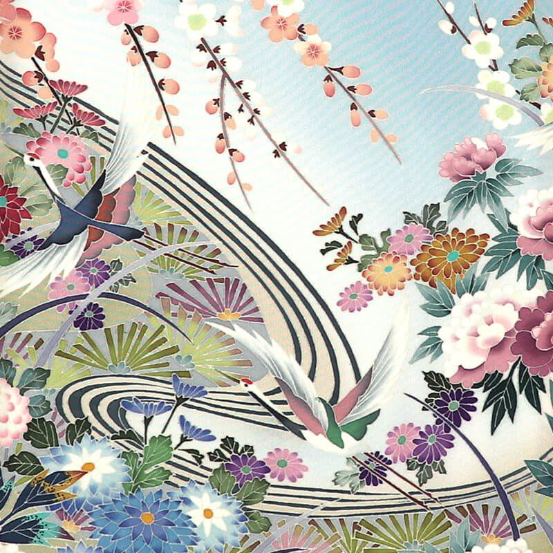 多崎元人 色留袖 加賀友禅 袷 レディース 正絹 水色 花 鶴 吉祥柄 一つ