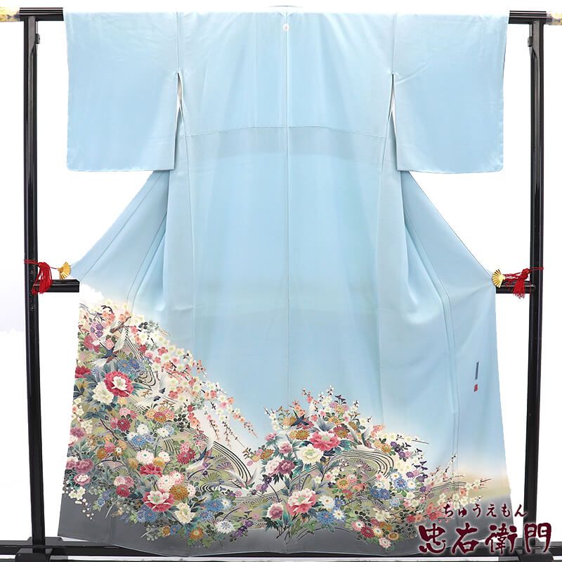 多崎元人 色留袖 加賀友禅 袷 レディース 正絹 水色 花 鶴 吉祥柄 一つ