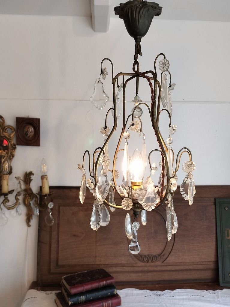 フランス アンティーク 素敵な ケージ ガラスドロップ 一灯 シャンデリア 照明