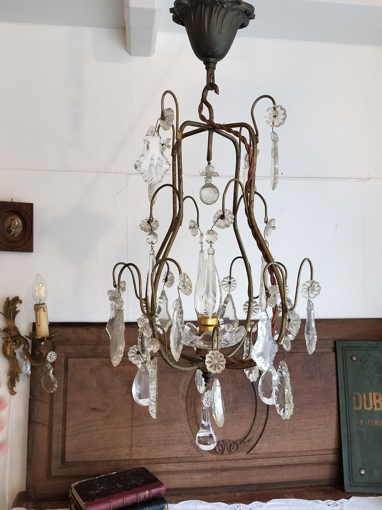 フランス アンティーク 素敵な ケージ ガラスドロップ 一灯 シャンデリア 照明 TALLINNNEXPO_COM