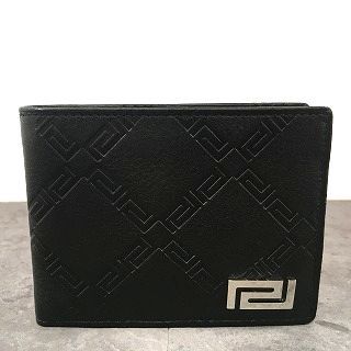 157 み ♥品 VERSACE 二つ折り札入れ グレカ柄 ブラック レザー