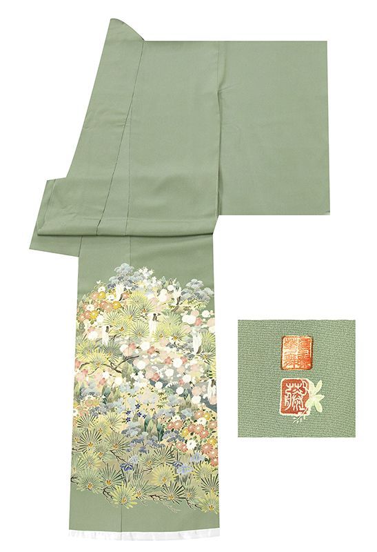 記念感謝祭 仕立無料 最 礼装色留袖 京友禅手描き加賀五彩染 四季花王朝鶴舞庭園図落款入 10012433