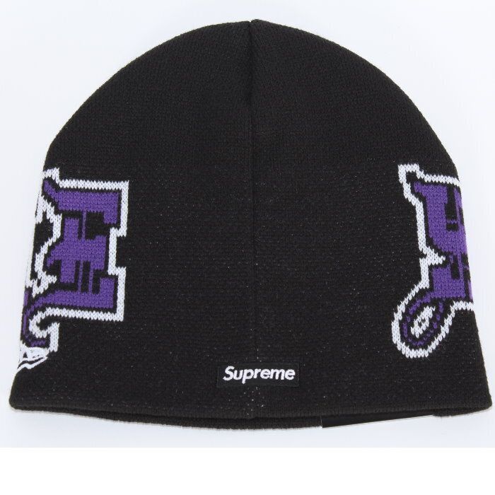 Supreme 黒紫 ロゴ刺繍 ニット帽 Supreme シュプリーム ニューエラ アウトライン ビーニー New Era