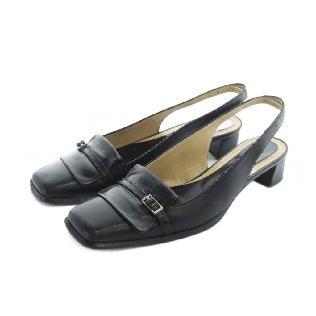 ヒロフ HIROFU パンプス レザー スクエアトゥ ヒール ロゴ 23cm 黒 ブラック GY18 |MQ